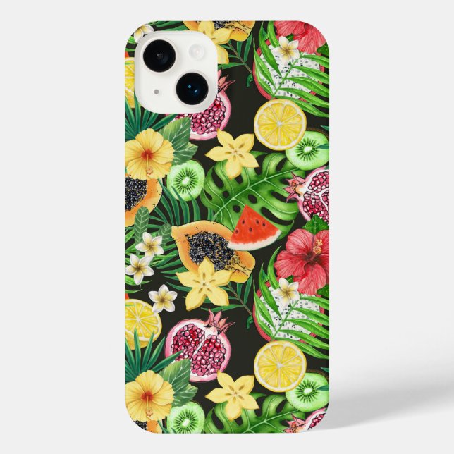 Tropical mix-fruit, flowers and leaves on black iPhone case (Back)