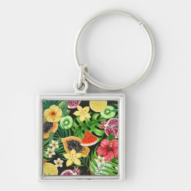 Tropical mix-fruit, flowers and leaves on black key ring (Front)