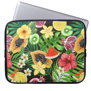 Tropical mix-fruit, flowers and leaves on black laptop sleeve