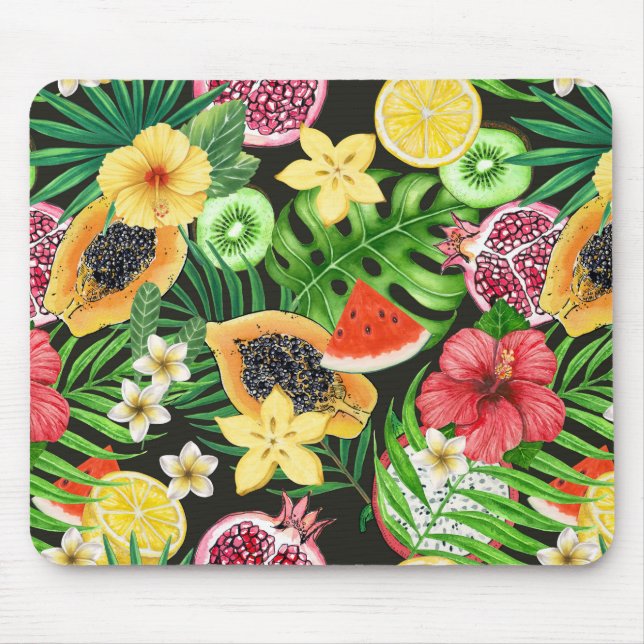 Tropical mix-fruit, flowers and leaves on black mouse pad (Front)