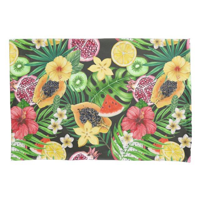 Tropical mix-fruit, flowers and leaves on black pillowcase (Front-Left)