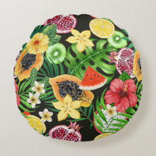 Tropical mix-fruit, flowers and leaves on black round cushion