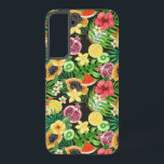 Tropical mix-fruit, flowers and leaves on black samsung galaxy case<br><div class="desc">Hand- painted mix media pattern with various tropical fruits,  flowers and leaves</div>