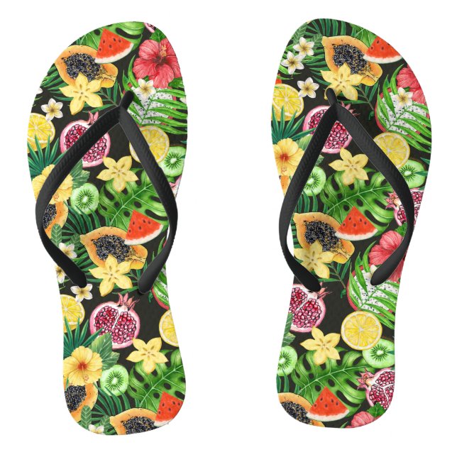 Tropical mix-fruit, flowers and leaves on black thongs (Footbed)