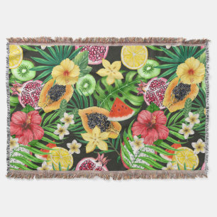 Tropical mix-fruit, flowers and leaves on black throw blanket