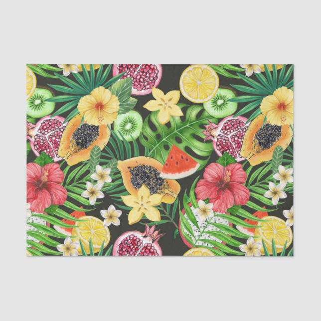 Tropical mix-fruit, flowers and leaves on black tissue paper (Front)