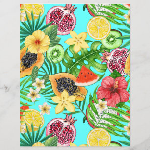 Tropical mix-fruit, flowers and leaves on blue