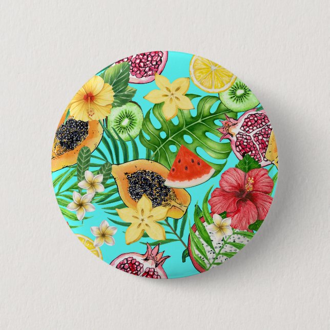 Tropical mix-fruit, flowers and leaves on blue 6 cm round badge (Front)