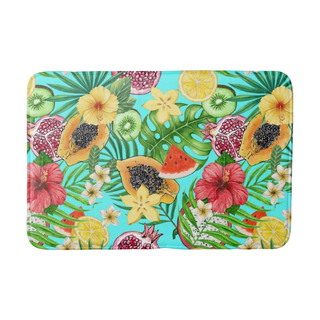 Tropical mix-fruit, flowers and leaves on blue bath mat (Front)