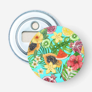 Tropical mix-fruit, flowers and leaves on blue bottle opener