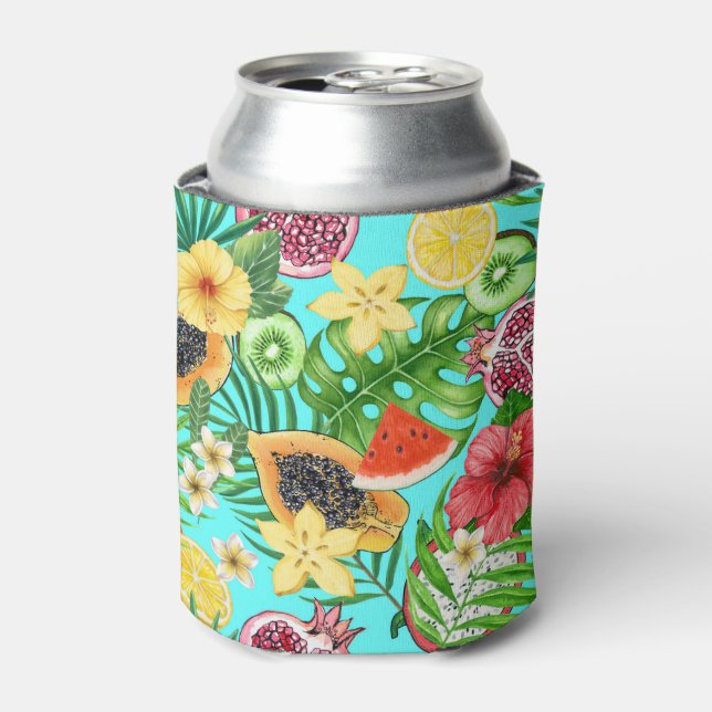 Tropical mix-fruit, flowers and leaves on blue can cooler (Can Front)