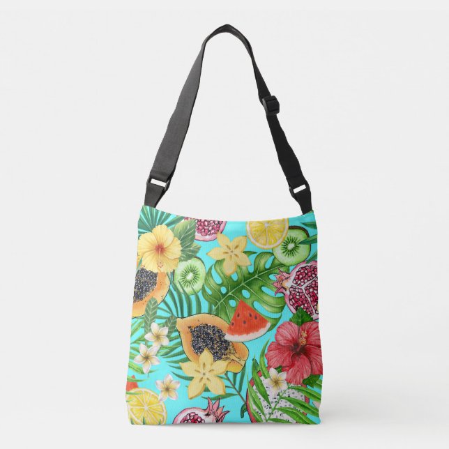 Tropical mix-fruit, flowers and leaves on blue crossbody bag (Front)