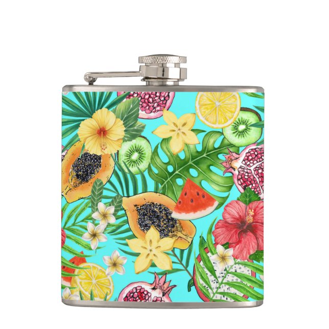 Tropical mix-fruit, flowers and leaves on blue hip flask (Front)