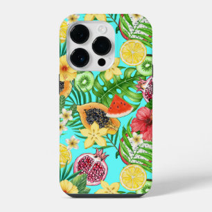 Tropical mix-fruit, flowers and leaves on blue iPhone 14 pro case