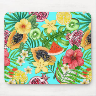 Tropical mix-fruit, flowers and leaves on blue mouse pad
