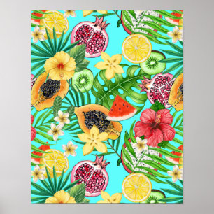 Tropical mix-fruit, flowers and leaves on blue poster