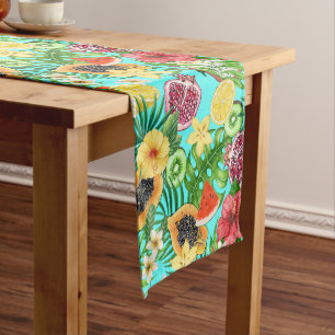 Tropical mix-fruit, flowers and leaves on blue short table runner