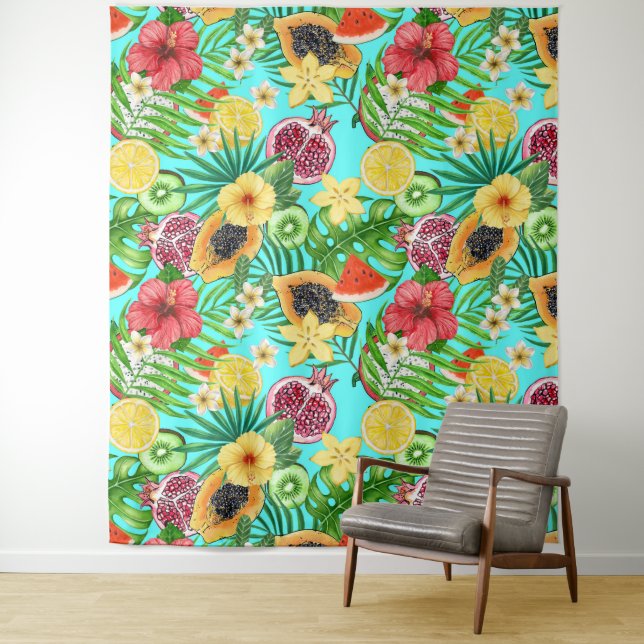 Tropical mix-fruit, flowers and leaves on blue tapestry (In Situ)