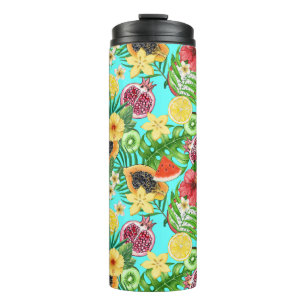 Tropical mix-fruit, flowers and leaves on blue thermal tumbler