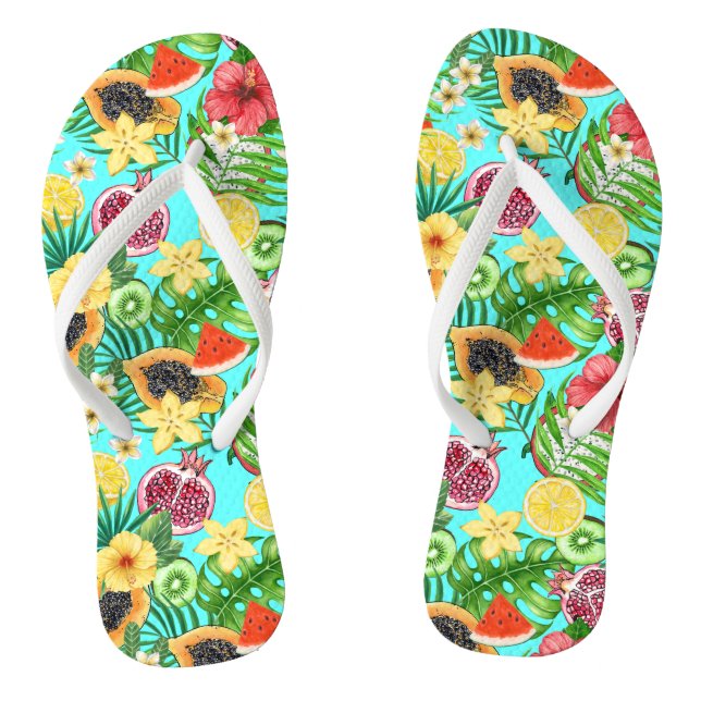Tropical mix-fruit, flowers and leaves on blue thongs (Footbed)