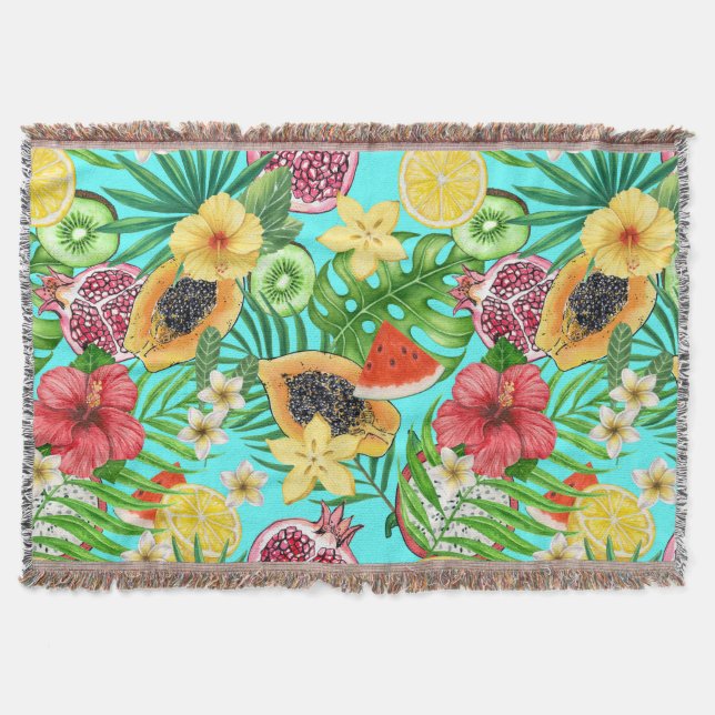 Tropical mix-fruit, flowers and leaves on blue throw blanket (Front)