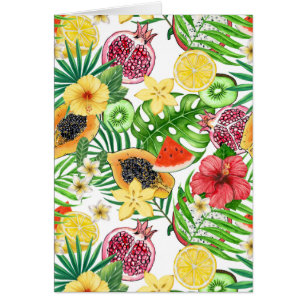 Tropical mix-fruit, flowers and leaves on white