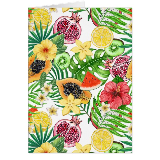 Tropical mix-fruit, flowers and leaves on white (Front)