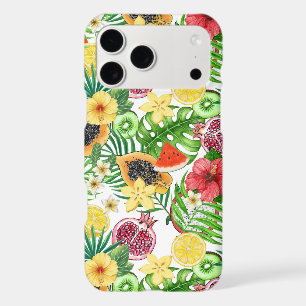 Tropical mix-fruit, flowers and leaves on white