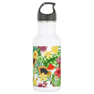 Tropical mix-fruit, flowers and leaves on white 532 ml water bottle