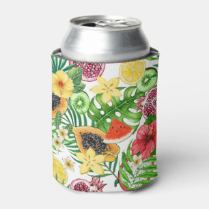 Tropical mix-fruit, flowers and leaves on white can cooler