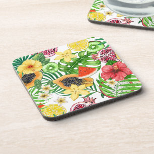 Tropical mix-fruit, flowers and leaves on white coaster