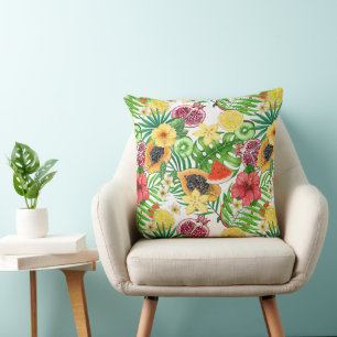 Tropical mix-fruit, flowers and leaves on white cushion
