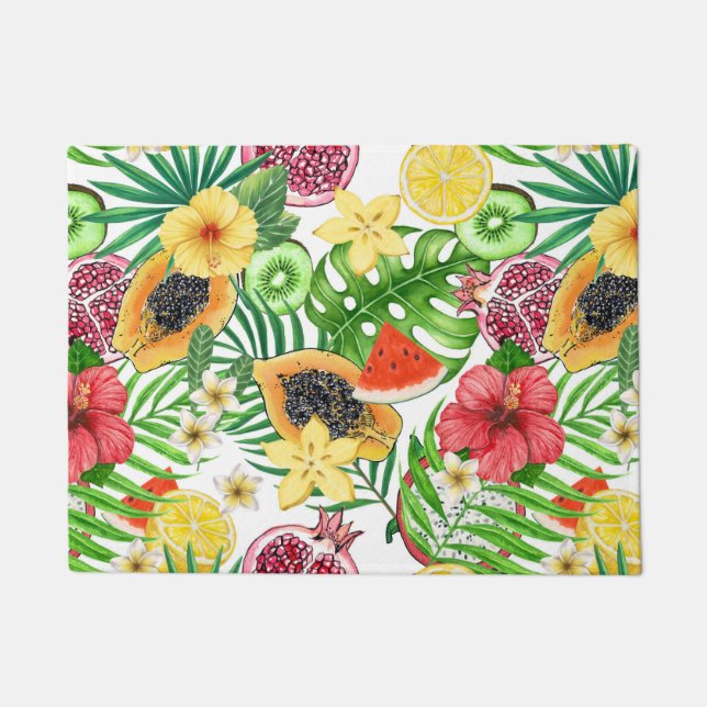 Tropical mix-fruit, flowers and leaves on white doormat (Front)