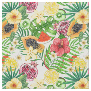 Tropical mix-fruit, flowers and leaves on white fabric