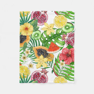 Tropical mix-fruit, flowers and leaves on white fleece blanket