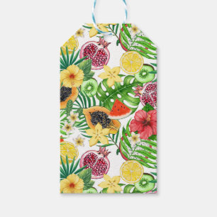 Tropical mix-fruit, flowers and leaves on white gift tags