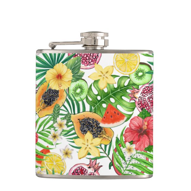 Tropical mix-fruit, flowers and leaves on white hip flask (Front)