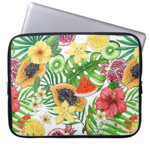 Tropical mix-fruit, flowers and leaves on white laptop sleeve