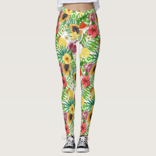 Tropical mix-fruit, flowers and leaves on white leggings