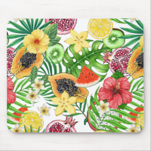 Tropical mix-fruit, flowers and leaves on white mouse pad