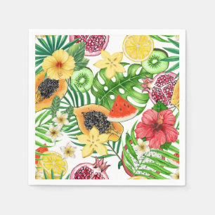 Tropical mix-fruit, flowers and leaves on white napkin
