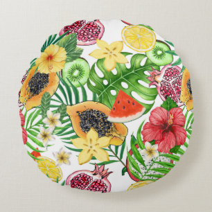 Tropical mix-fruit, flowers and leaves on white round cushion