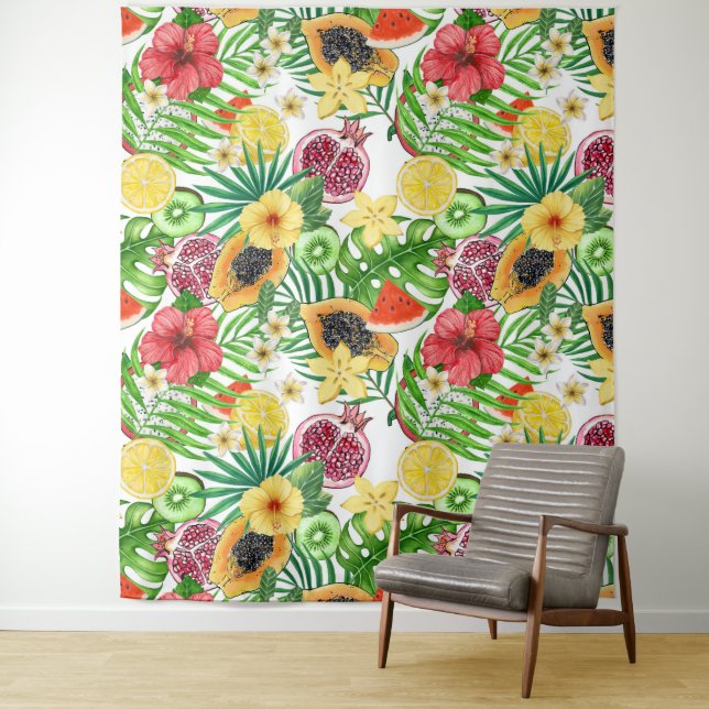 Tropical mix-fruit, flowers and leaves on white tapestry (In Situ)