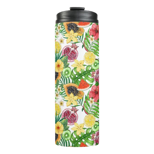 Tropical mix-fruit, flowers and leaves on white thermal tumbler (Front)