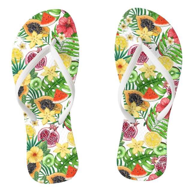 Tropical mix-fruit, flowers and leaves on white thongs (Footbed)