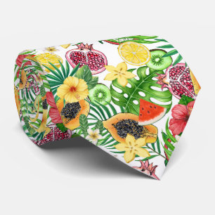 Tropical mix-fruit, flowers and leaves on white tie