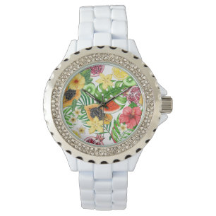 Tropical mix-fruit, flowers and leaves on white watch
