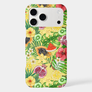 Tropical mix-fruit, flowers and leaves on yellow