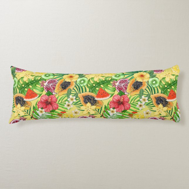 Tropical mix-fruit, flowers and leaves on yellow body cushion (Front)