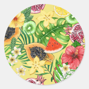 Tropical mix-fruit, flowers and leaves on yellow classic round sticker